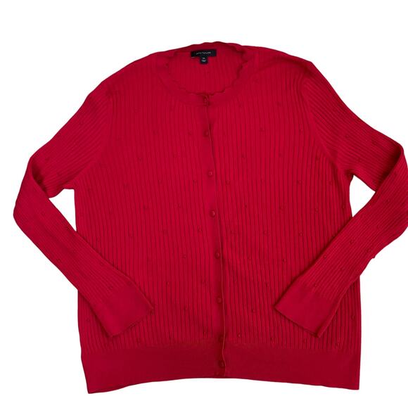 Ann Taylor Sz XXL Red Textured Ribbed Knit Stretchy Cardigan Scalloped Neck Cute - Picture 8 of 16
